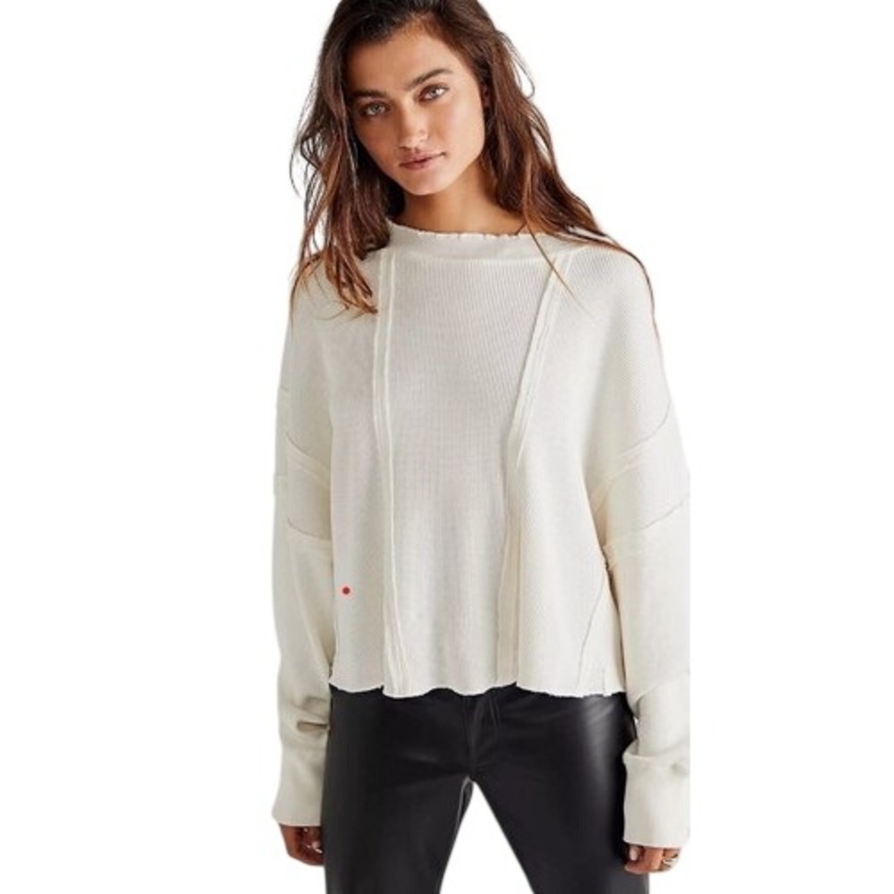Free People Ellie Top Ivory Thermal Distressed Oversized Cropped Sz S Cozy Girl